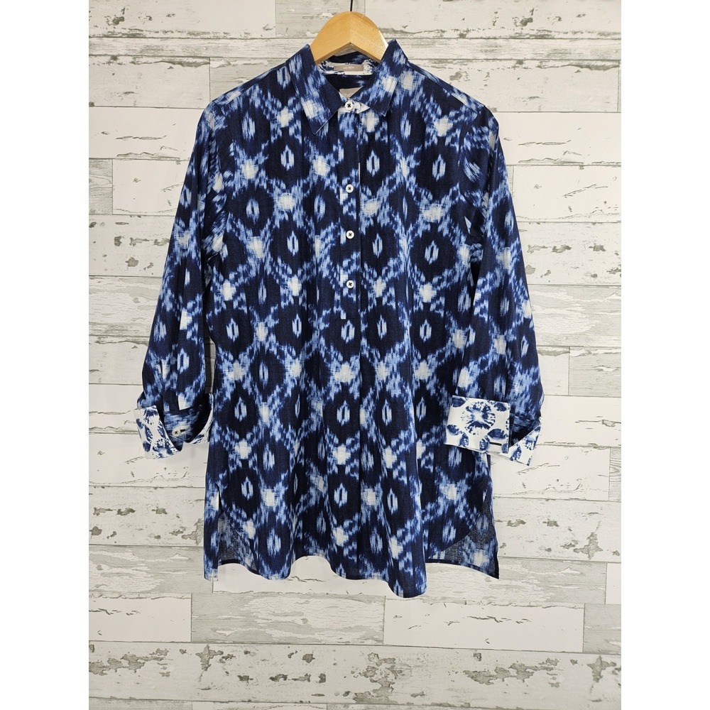 Chicos No Iron Blue Ikat Print Button Down Shirt Tunic Size 2 US 12/14 L